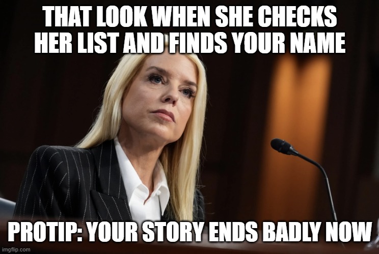 You are not paranoid, they are coming for you | THAT LOOK WHEN SHE CHECKS HER LIST AND FINDS YOUR NAME; PROTIP: YOUR STORY ENDS BADLY NOW | image tagged in pam bondi,democrat war on america,justice is back,maga,holding people accountable,taking names | made w/ Imgflip meme maker