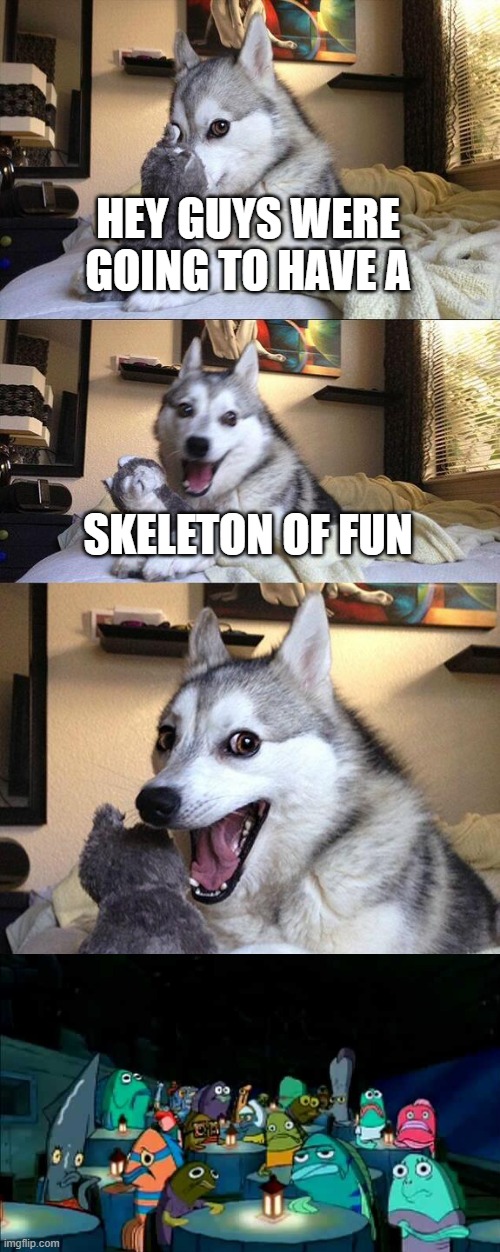 Bad Puns | HEY GUYS WERE GOING TO HAVE A; SKELETON OF FUN | image tagged in memes,bad pun dog | made w/ Imgflip meme maker