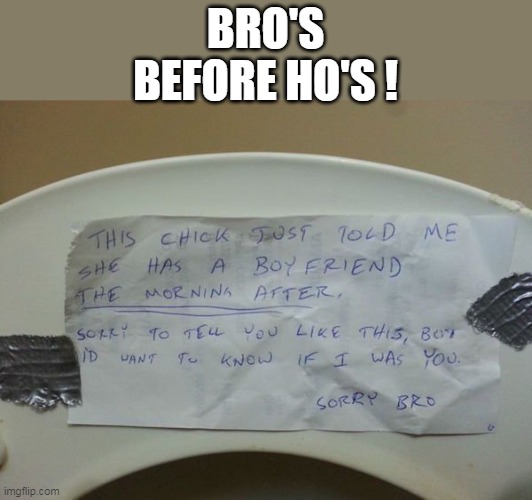 One Clever HONEST Bro | BRO'S BEFORE HO'S ! | image tagged in toilet seat bro before ho meme | made w/ Imgflip meme maker