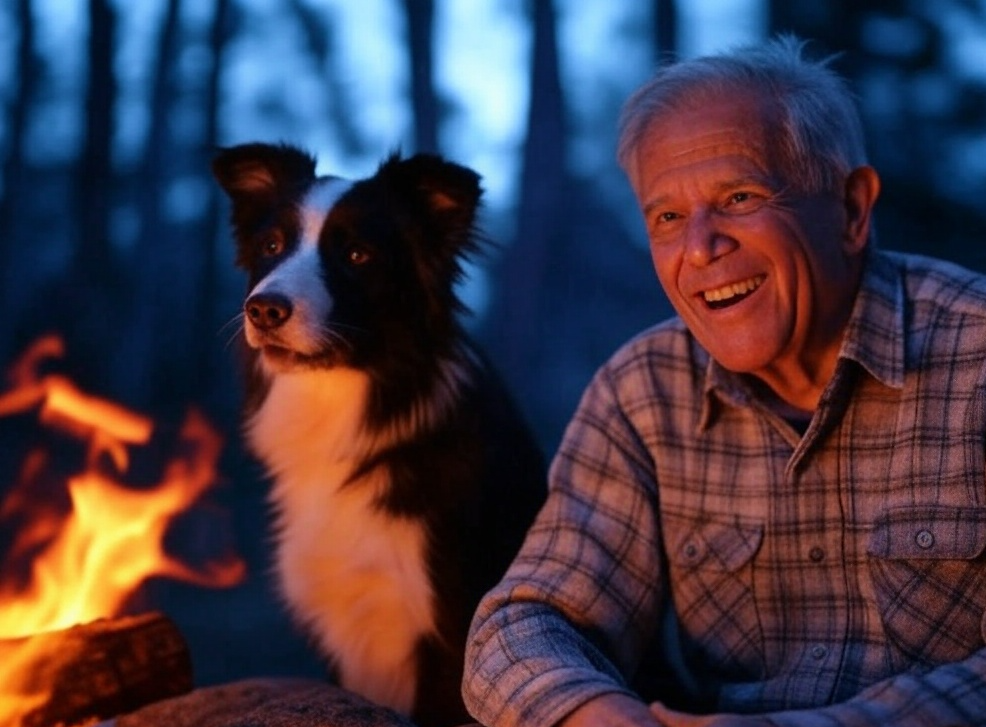 Old elderly man laughing dog woods fire bench Blank Meme Template
