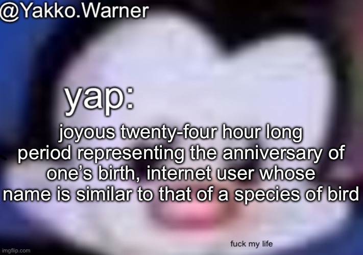 yappo i mean yakko.warner template | joyous twenty-four hour long period representing the anniversary of one’s birth, internet user whose name is similar to that of a species of bird | image tagged in yappo i mean yakko warner template | made w/ Imgflip meme maker