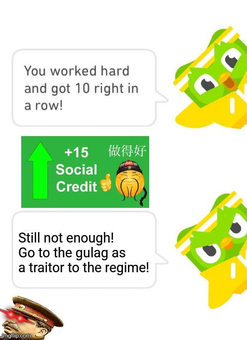 Duolingo 10 in a Row | Still not enough! Go to the gulag as a traitor to the regime! | image tagged in memes,green,owls | made w/ Imgflip meme maker