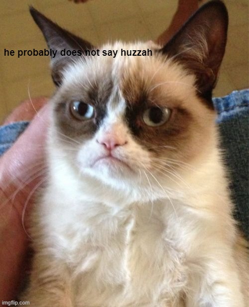 he should say "huzzah" more | he probably does not say huzzah | image tagged in memes,grumpy cat | made w/ Imgflip meme maker