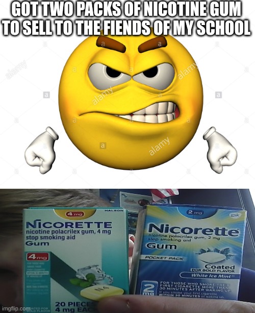 s | GOT TWO PACKS OF NICOTINE GUM TO SELL TO THE FIENDS OF MY SCHOOL | image tagged in angry emoji | made w/ Imgflip meme maker