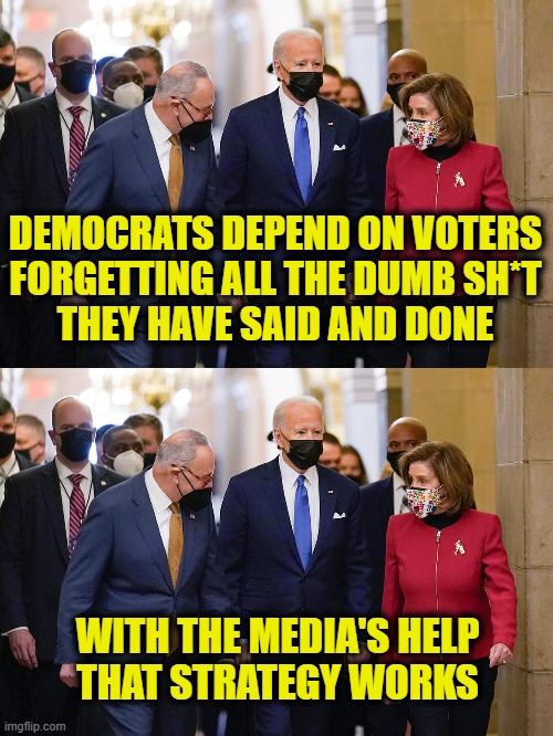 More Leftist Logic | DEMOCRATS DEPEND ON VOTERS
FORGETTING ALL THE DUMB SH*T
THEY HAVE SAID AND DONE; WITH THE MEDIA'S HELP
THAT STRATEGY WORKS | image tagged in democrats | made w/ Imgflip meme maker