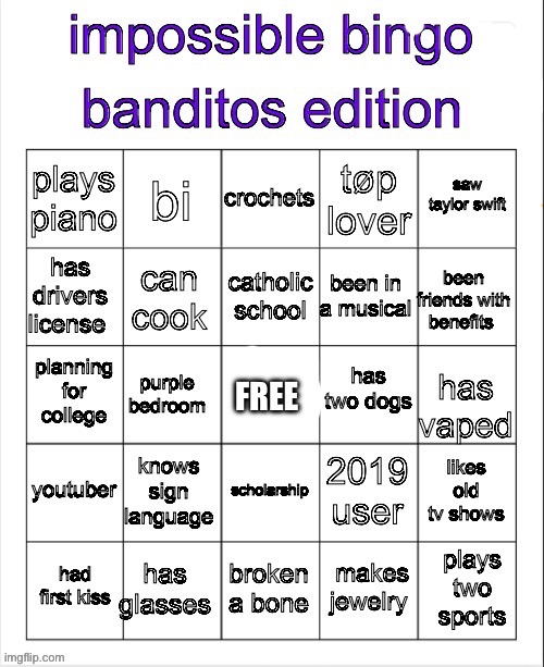 wahahah | image tagged in banditos impossible bingo 3 | made w/ Imgflip meme maker