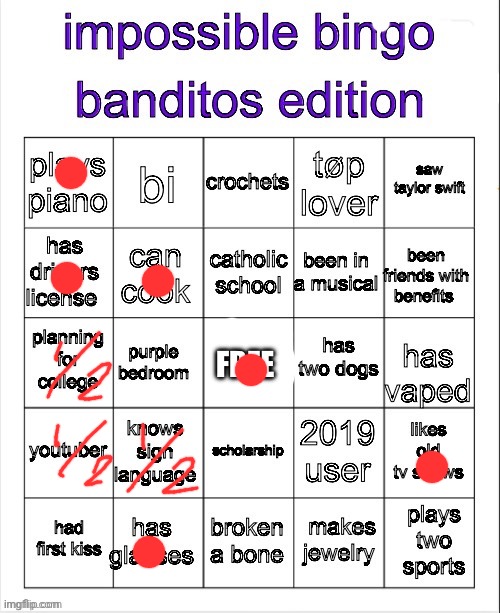 Bruh the musical one just made me depressed lol | image tagged in banditos impossible bingo 3 | made w/ Imgflip meme maker