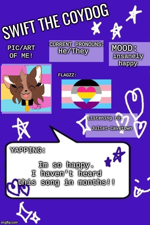 He/They; insanely happy; Juliet-Cavetown; Im so happy. I haven't heard this song in months!! | made w/ Imgflip meme maker