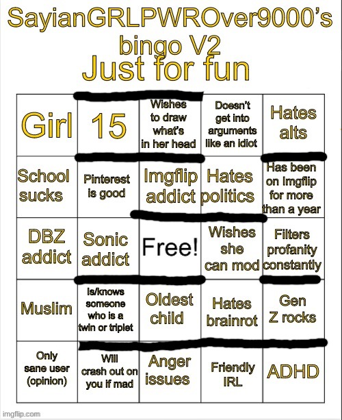 SayianGRLPWROver9000’s bingo V2 | image tagged in sayiangrlpwrover9000 s bingo v2 | made w/ Imgflip meme maker