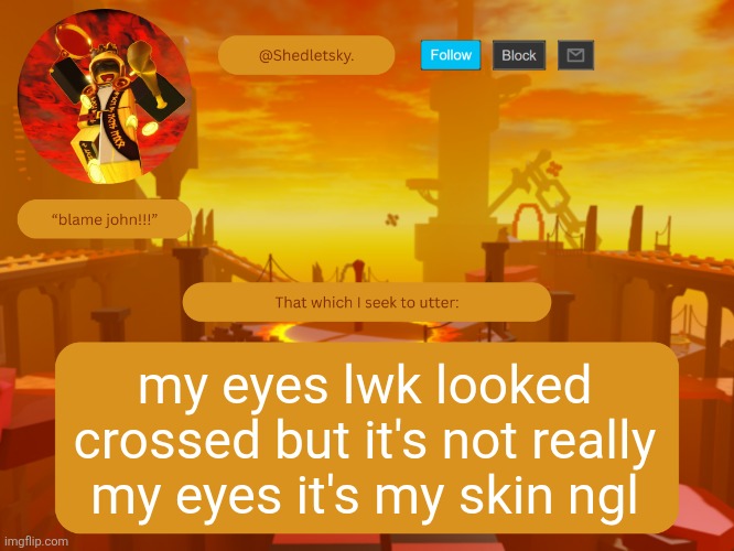 shedletsky's template | my eyes lwk looked crossed but it's not really my eyes it's my skin ngl | image tagged in shedletsky's template | made w/ Imgflip meme maker