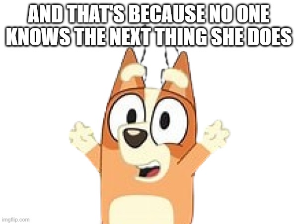 AND THAT'S BECAUSE NO ONE KNOWS THE NEXT THING SHE DOES | made w/ Imgflip meme maker