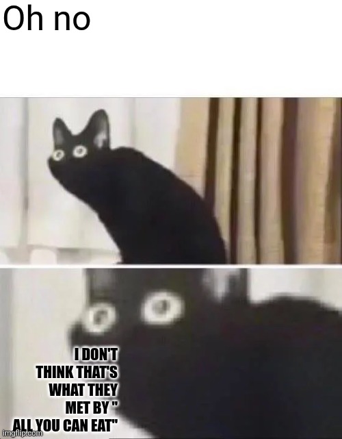 Oh No Black Cat | Oh no I DON'T THINK THAT'S WHAT THEY MET BY " ALL YOU CAN EAT" | image tagged in oh no black cat | made w/ Imgflip meme maker