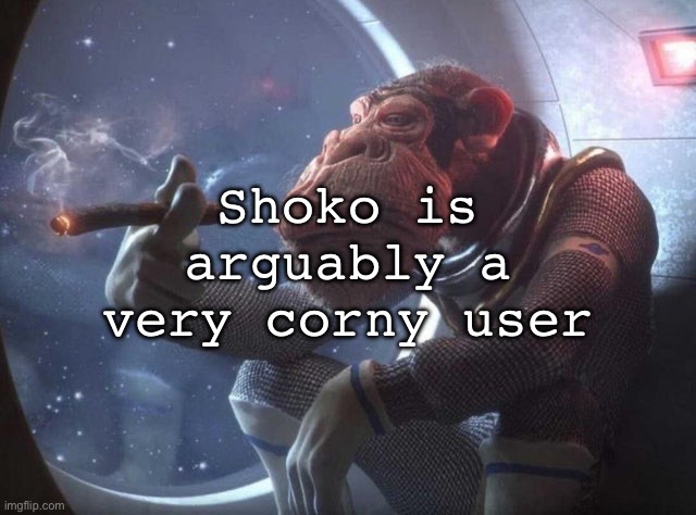 Space monkey smoking cigar | Shoko is arguably a very corny user | image tagged in space monkey smoking cigar | made w/ Imgflip meme maker