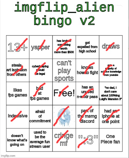 I only use “:3” as satire | image tagged in alien bingo 2 | made w/ Imgflip meme maker