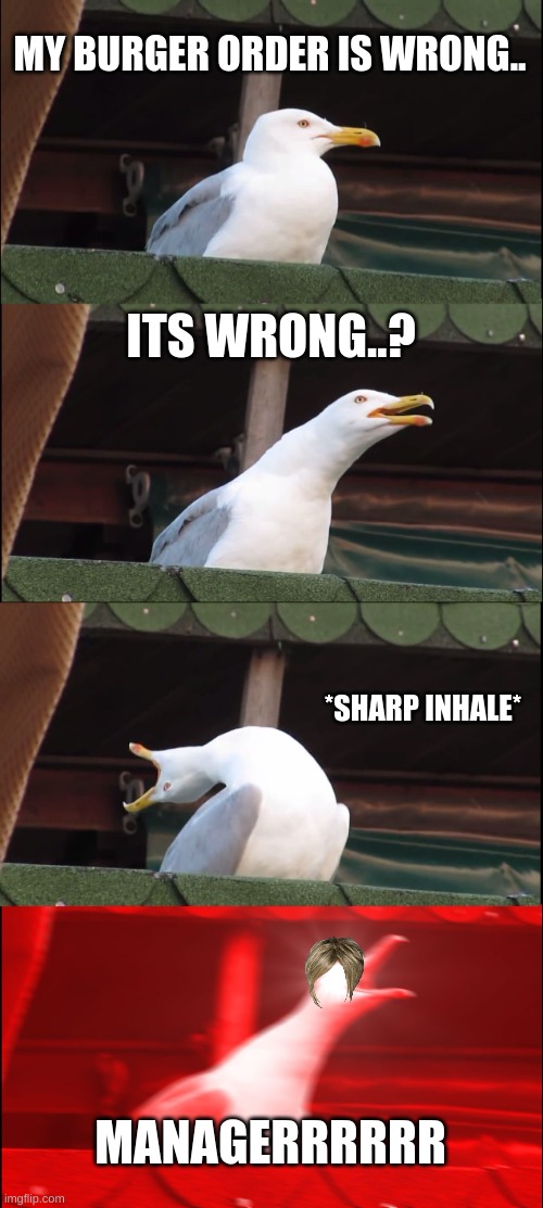 bored | MY BURGER ORDER IS WRONG.. ITS WRONG..? *SHARP INHALE*; MANAGERRRRRR | image tagged in memes,inhaling seagull | made w/ Imgflip meme maker