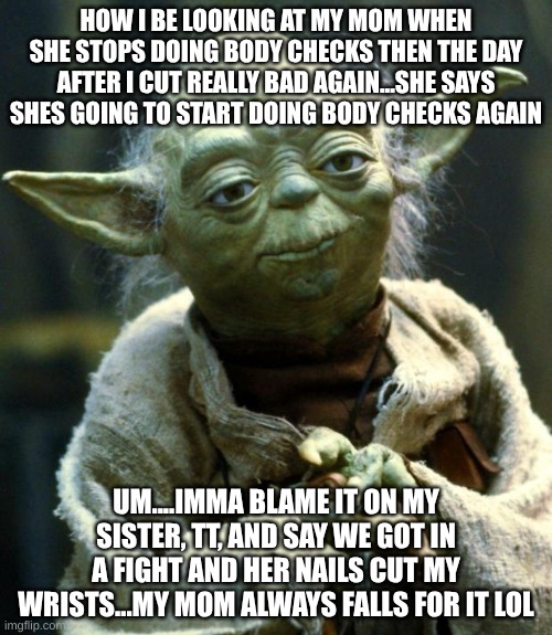 bro why does she do this to me | HOW I BE LOOKING AT MY MOM WHEN SHE STOPS DOING BODY CHECKS THEN THE DAY AFTER I CUT REALLY BAD AGAIN...SHE SAYS SHES GOING TO START DOING BODY CHECKS AGAIN; UM....IMMA BLAME IT ON MY SISTER, TT, AND SAY WE GOT IN A FIGHT AND HER NAILS CUT MY WRISTS...MY MOM ALWAYS FALLS FOR IT LOL | image tagged in memes,star wars yoda | made w/ Imgflip meme maker