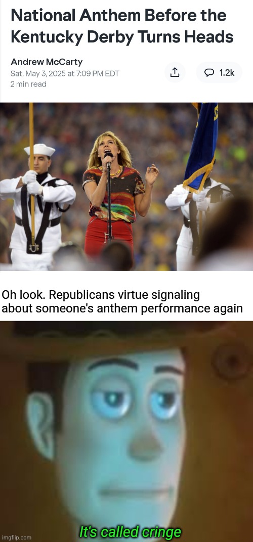 Every1 knows u ppl r full of sht. Every1 knows u don't care about the country. U care abt domming. | Oh look. Republicans virtue signaling about someone's anthem performance again; It's called cringe | image tagged in blank white template,disappointed woody | made w/ Imgflip meme maker