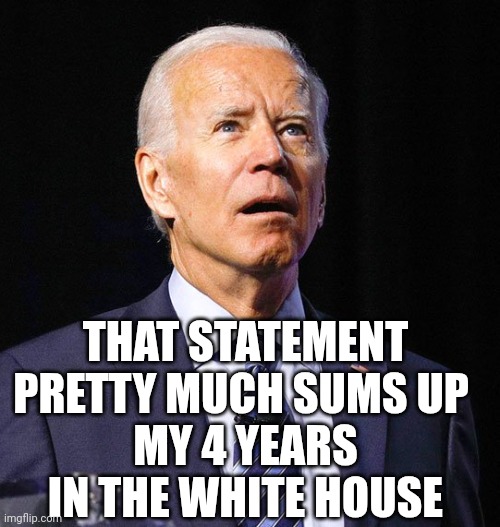 Joe Biden | THAT STATEMENT PRETTY MUCH SUMS UP 
MY 4 YEARS IN THE WHITE HOUSE | image tagged in joe biden | made w/ Imgflip meme maker