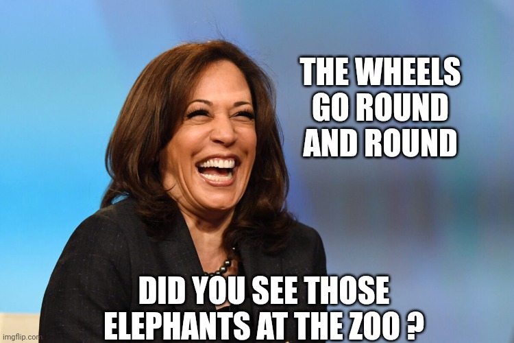 Kamala Harris laughing | THE WHEELS GO ROUND AND ROUND DID YOU SEE THOSE ELEPHANTS AT THE ZOO ? | image tagged in kamala harris laughing | made w/ Imgflip meme maker