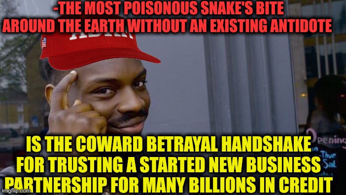 -On the American example. | -THE MOST POISONOUS SNAKE'S BITE AROUND THE EARTH WITHOUT AN EXISTING ANTIDOTE; IS THE COWARD BETRAYAL HANDSHAKE FOR TRUSTING A STARTED NEW BUSINESS PARTNERSHIP FOR MANY BILLIONS IN CREDIT | image tagged in memes,roll safe think about it,trust issues,donald trump worst trade deal,snakes on a plane,but thats none of my business | made w/ Imgflip meme maker