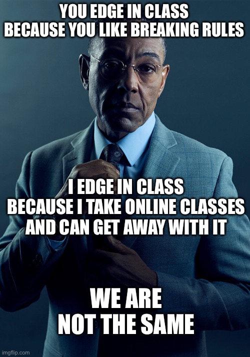 Gus Fring we are not the same | YOU EDGE IN CLASS BECAUSE YOU LIKE BREAKING RULES; I EDGE IN CLASS BECAUSE I TAKE ONLINE CLASSES AND CAN GET AWAY WITH IT; WE ARE NOT THE SAME | image tagged in gus fring we are not the same | made w/ Imgflip meme maker