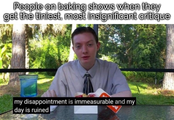 the sadness on their face when a judge says "it could be a tiny bit sweeter" lmao | People on baking shows when they get the tiniest, most insignificant critique | image tagged in my dissapointment is immeasureable and my day is ruined | made w/ Imgflip meme maker