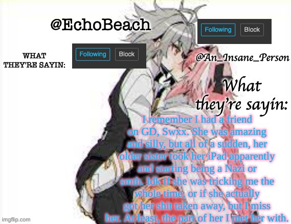 I don't know about the Nazi part 100%, but they did something. i forgor tho | I remember I had a friend on GD, Swxx. She was amazing and silly, but all of a sudden, her older sister took her iPad apparently and starting being a Nazi or smth. Idk if she was tricking me the whole time, or if she actually got her shit taken away, but I miss her. At least, the part of her I met her with. | image tagged in echobeach and insaneperson shared temp 3 | made w/ Imgflip meme maker