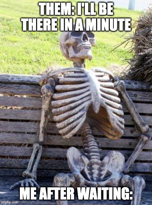 Waiting Skeleton | THEM: I'LL BE THERE IN A MINUTE; ME AFTER WAITING: | image tagged in memes,waiting skeleton | made w/ Imgflip meme maker