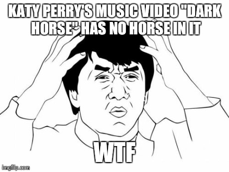 Jackie Chan WTF | KATY PERRY'S MUSIC VIDEO "DARK HORSE" HAS NO HORSE IN IT WTF | image tagged in memes,jackie chan wtf | made w/ Imgflip meme maker