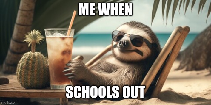 SLOTH KAM 1 | ME WHEN; SCHOOLS OUT | image tagged in sloth kam 1 | made w/ Imgflip meme maker