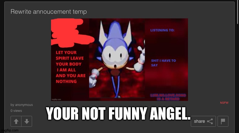 It says I'm a r slur. | YOUR NOT FUNNY ANGEL. | made w/ Imgflip meme maker