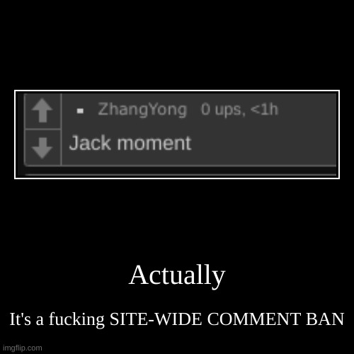 Actually | It's a fucking SITE-WIDE COMMENT BAN | image tagged in funny,demotivationals | made w/ Imgflip demotivational maker