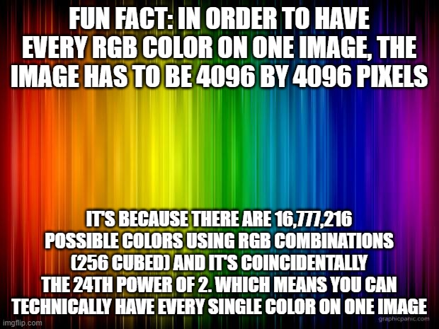 rainbow background | FUN FACT: IN ORDER TO HAVE EVERY RGB COLOR ON ONE IMAGE, THE IMAGE HAS TO BE 4096 BY 4096 PIXELS; IT'S BECAUSE THERE ARE 16,777,216 POSSIBLE COLORS USING RGB COMBINATIONS (256 CUBED) AND IT'S COINCIDENTALLY THE 24TH POWER OF 2. WHICH MEANS YOU CAN TECHNICALLY HAVE EVERY SINGLE COLOR ON ONE IMAGE | image tagged in rainbow background | made w/ Imgflip meme maker