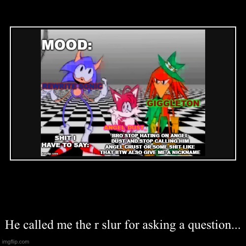 He called me the r slur for asking a question... | image tagged in funny,demotivationals | made w/ Imgflip demotivational maker