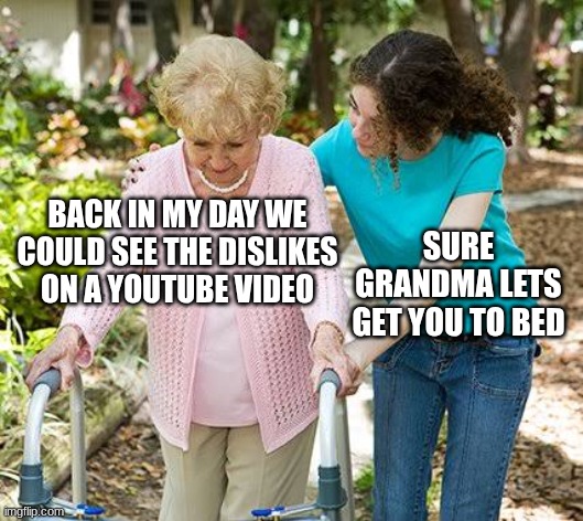 Back in my day | BACK IN MY DAY WE COULD SEE THE DISLIKES ON A YOUTUBE VIDEO; SURE GRANDMA LETS GET YOU TO BED | image tagged in sure grandma let's get you to bed | made w/ Imgflip meme maker