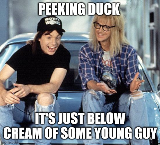 Cream of some young guy | PEEKING DUCK; IT'S JUST BELOW
CREAM OF SOME YOUNG GUY | image tagged in waynes world | made w/ Imgflip meme maker