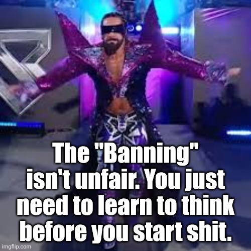 There are rules to follow here, and you're disobeying them. | The "Banning" isn't unfair. You just need to learn to think before you start shit. | image tagged in seth rollins ec | made w/ Imgflip meme maker