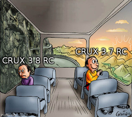 Two guys on a bus | CRUX 3.7 RC; CRUX 3.8 RC | image tagged in two guys on a bus | made w/ Imgflip meme maker