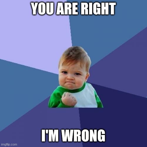 Success Kid Meme | YOU ARE RIGHT I'M WRONG | image tagged in memes,success kid | made w/ Imgflip meme maker