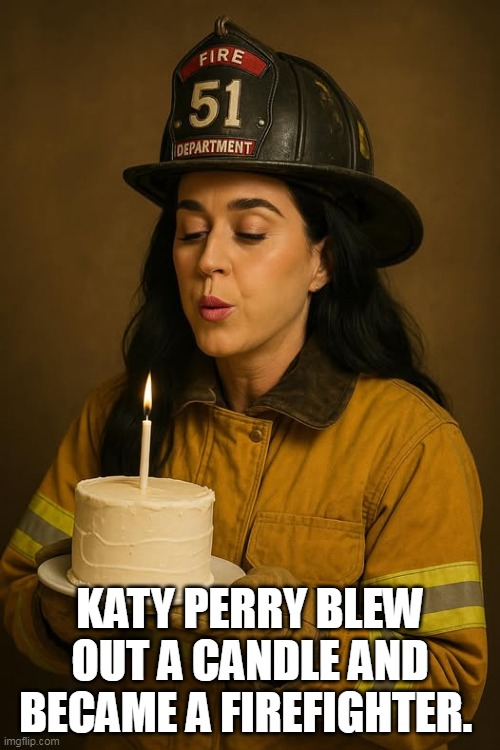 Katy Perry blew out a candle and became a firefighter. | KATY PERRY BLEW OUT A CANDLE AND BECAME A FIREFIGHTER. | image tagged in katie perry,funny,firefighter,candle,space | made w/ Imgflip meme maker
