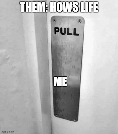 Them: Hows life | THEM: HOWS LIFE; ME | image tagged in pull,funny,push,door,life,irony | made w/ Imgflip meme maker