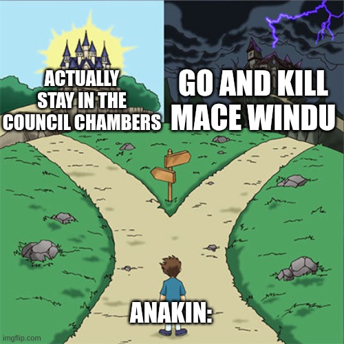 Anakin in revenge of the sith be like | GO AND KILL MACE WINDU; ACTUALLY STAY IN THE COUNCIL CHAMBERS; ANAKIN: | image tagged in two paths | made w/ Imgflip meme maker