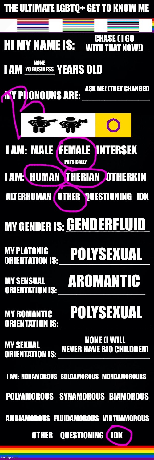 The ultimate LGBTQ+ get to know me | CHASE ( I GO WITH THAT NOW!); NONE YO BUSINESS; ASK ME! (THEY CHANGE!); PHYSICALLY; GENDERFLUID; POLYSEXUAL; AROMANTIC; POLYSEXUAL; NONE (I WILL NEVER HAVE BIO CHILDREN) | image tagged in the ultimate lgbtq get to know me | made w/ Imgflip meme maker