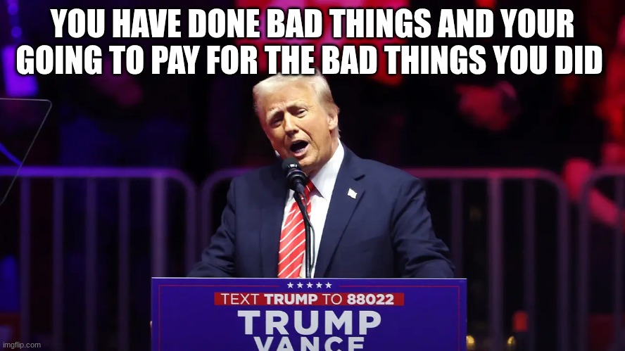 trump | YOU HAVE DONE BAD THINGS AND YOUR GOING TO PAY FOR THE BAD THINGS YOU DID | image tagged in trump | made w/ Imgflip meme maker
