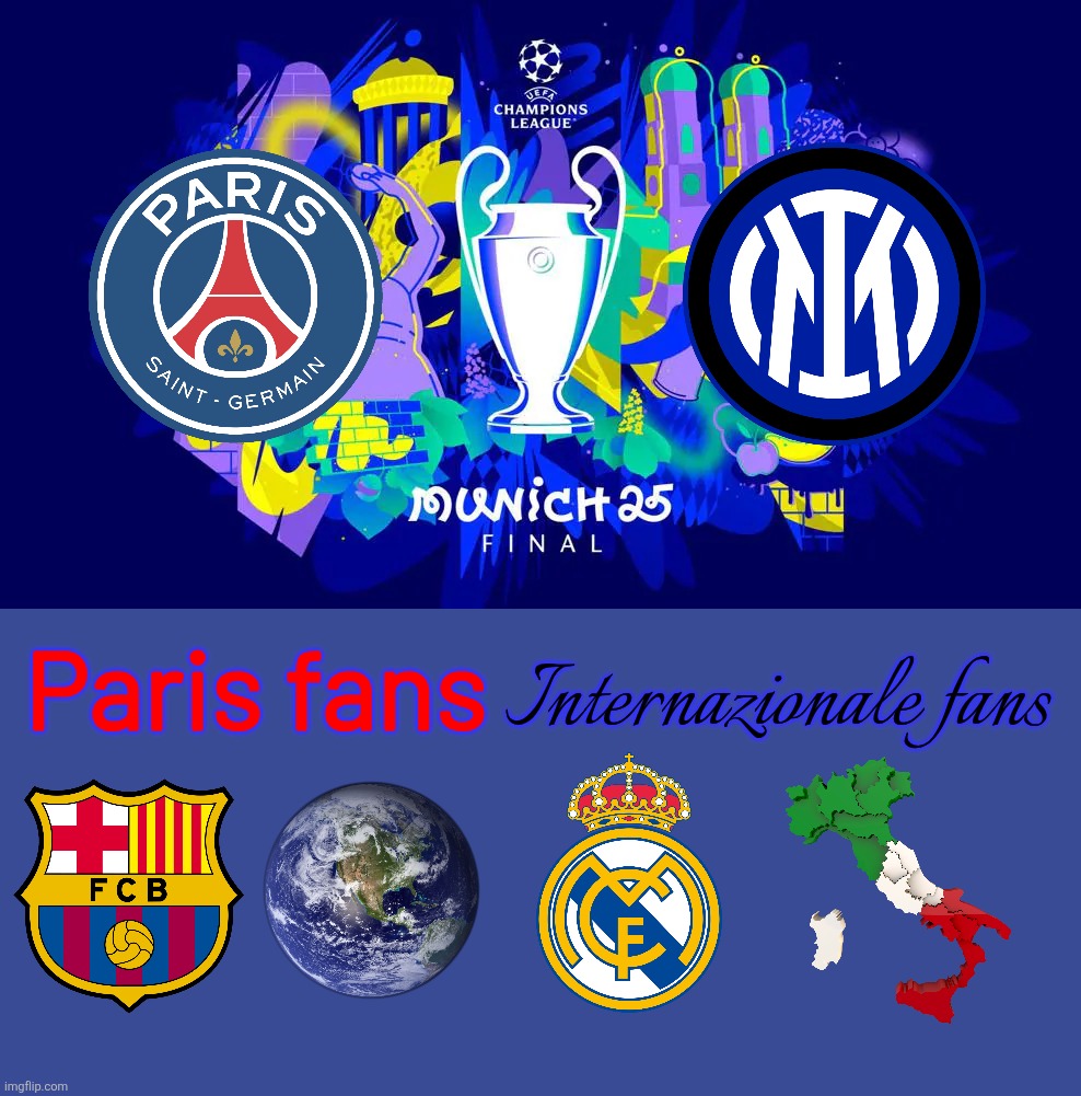 Paris v Internazionale in the UEFA Champions League Finale München 2025 | Internazionale fans; Paris fans | image tagged in psg,inter,champions league,sports,memes,funny | made w/ Imgflip meme maker