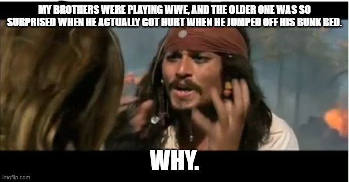 Why Is The Rum Gone | MY BROTHERS WERE PLAYING WWE, AND THE OLDER ONE WAS SO SURPRISED WHEN HE ACTUALLY GOT HURT WHEN HE JUMPED OFF HIS BUNK BED. WHY. | image tagged in memes,why is the rum gone | made w/ Imgflip meme maker