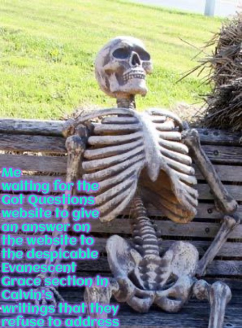 They Conveniently Won't Answer This | Me waiting for the Got Questions website to give an answer on the website to the despicable Evanescent Grace section in Calvin's writings that they refuse to address | image tagged in waiting skeleton,calvinism,arminian,molinism,reformed theology 5 point calvinists,got questions website is shady | made w/ Imgflip meme maker