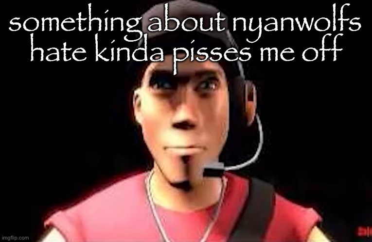 tf2 scout staring | something about nyanwolfs hate kinda pisses me off | image tagged in tf2 scout staring | made w/ Imgflip meme maker