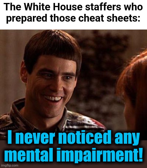 The White House staffers who
prepared those cheat sheets: I never noticed any
mental impairment! | image tagged in blank white template,dumb and dumber | made w/ Imgflip meme maker