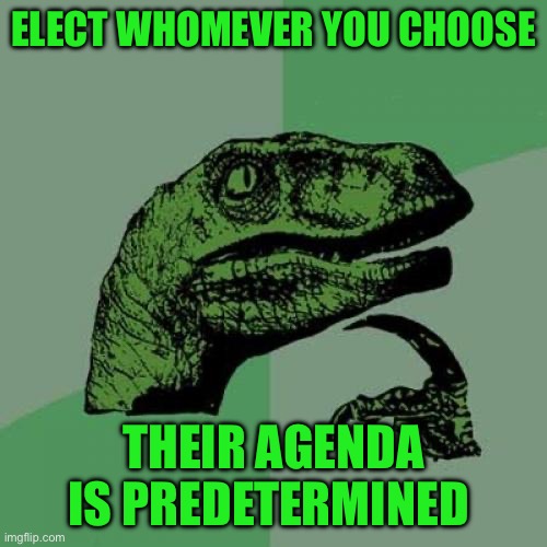 Philosoraptor Meme | ELECT WHOMEVER YOU CHOOSE; THEIR AGENDA IS PREDETERMINED | image tagged in memes,philosoraptor | made w/ Imgflip meme maker